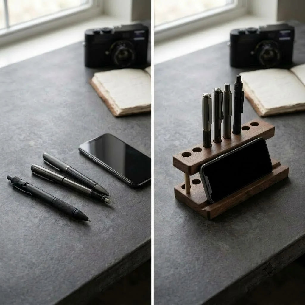 Before and after of a walnut phone and pen stand organizer creating a more organized desk