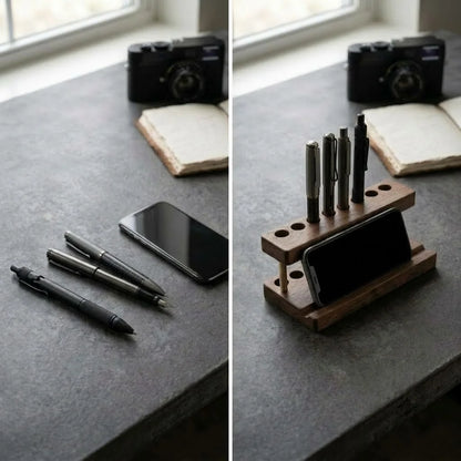Before and after of a walnut phone and pen stand organizer creating a more organized desk
