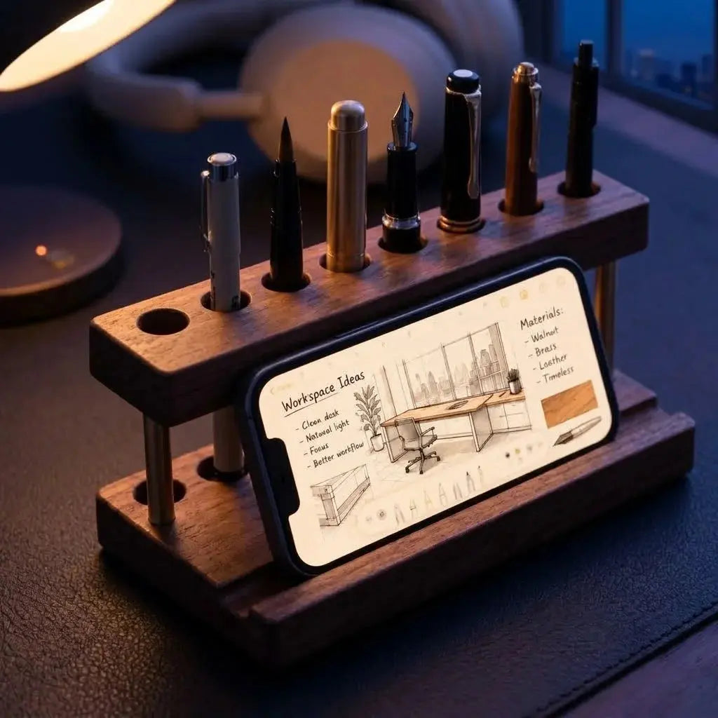 Close-up of the Walnut Phone & Pen Stand Organizer with phone and pens