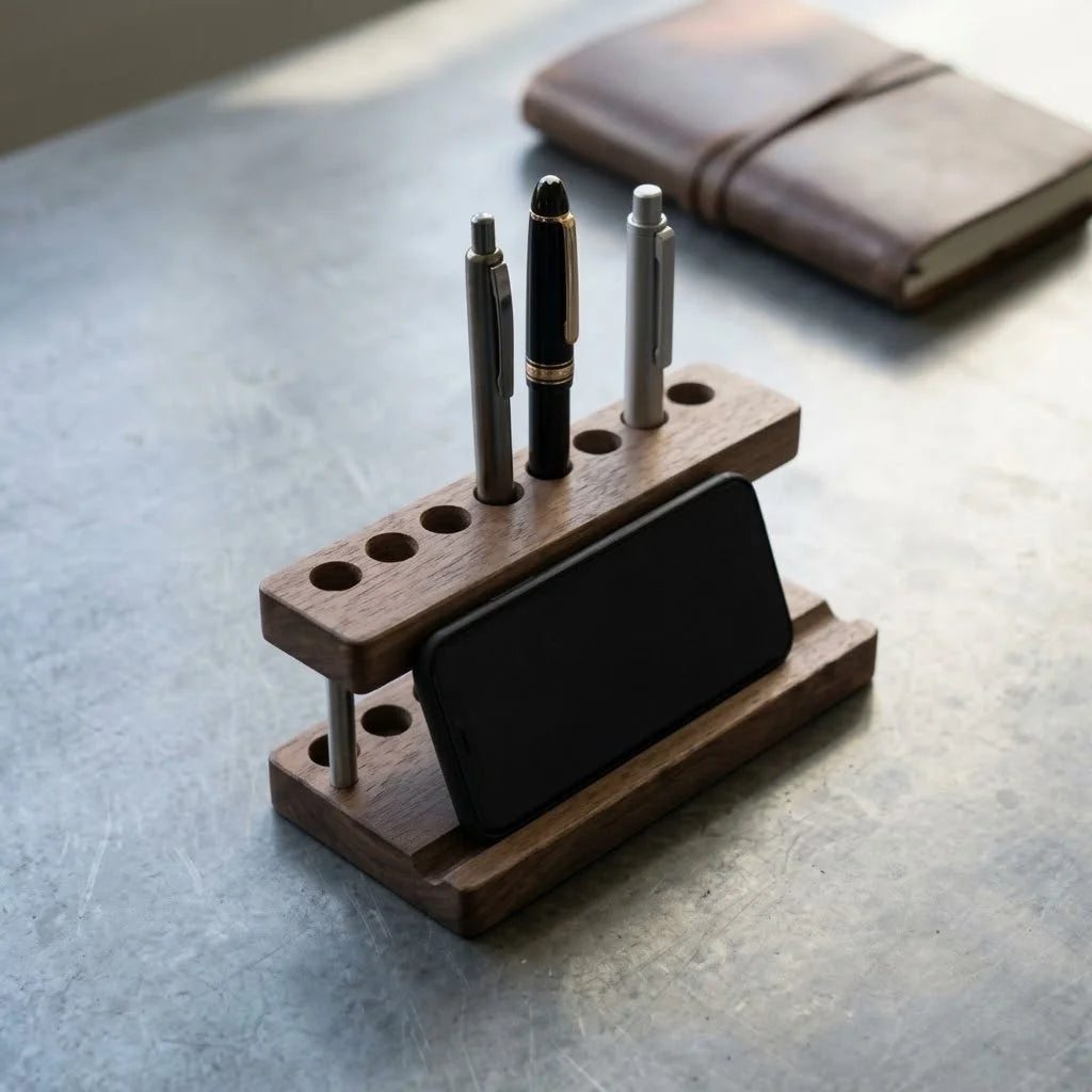 Walnut Phone & Pen Stand Organizer in dark walnut with phone and pens