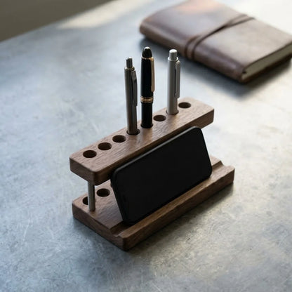 Walnut Phone & Pen Stand Organizer in dark walnut with phone and pens