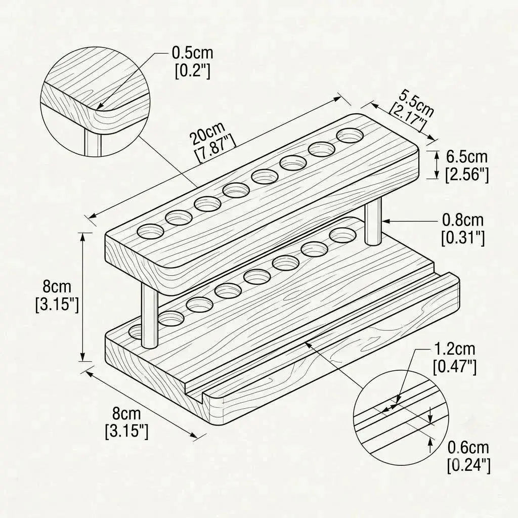 Walnut Phone & Pen Stand Organizer dimensions showing 20 cm length, 8 cm width, and 8cm height