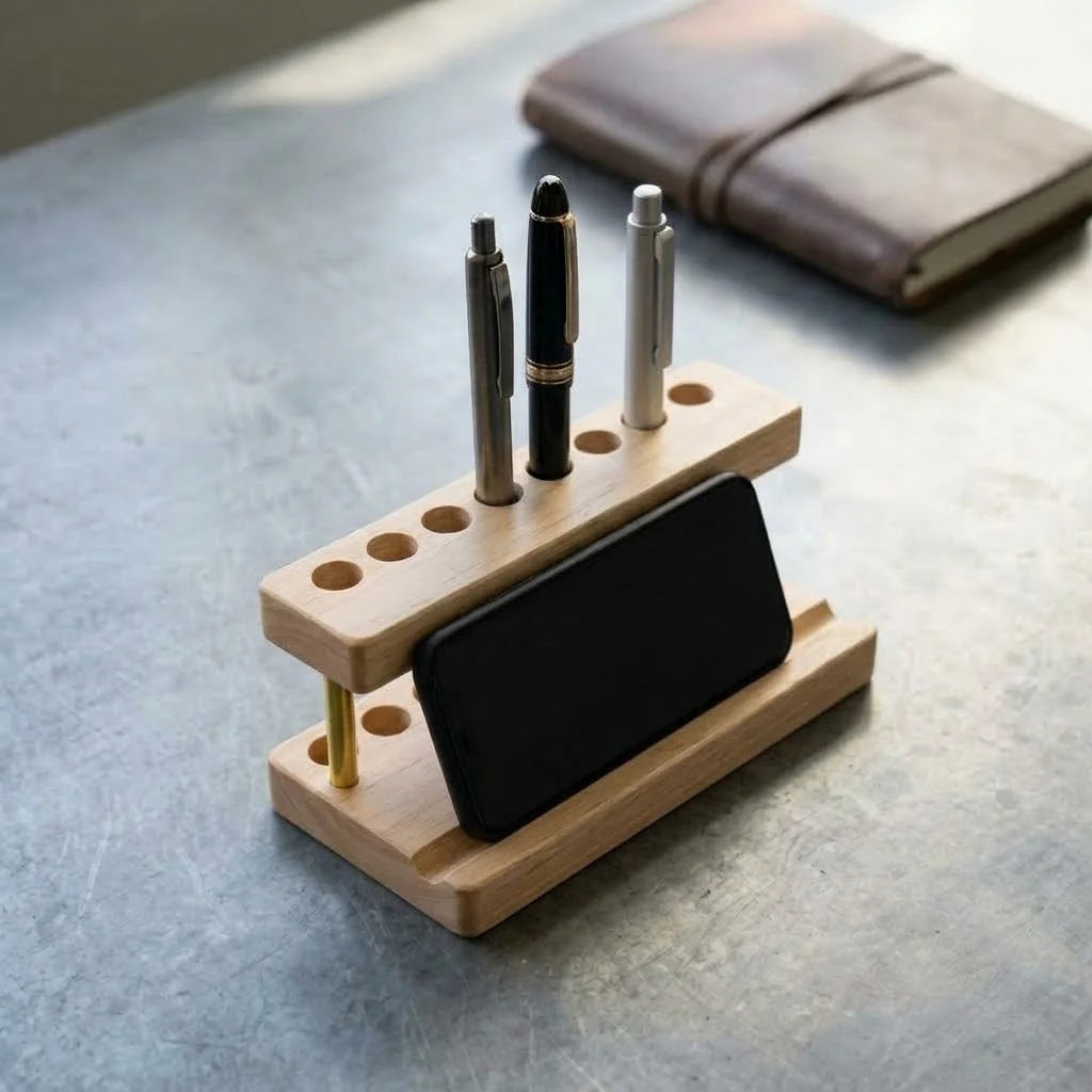 Walnut Phone & Pen Stand Organizer in natural wood with phone and pens