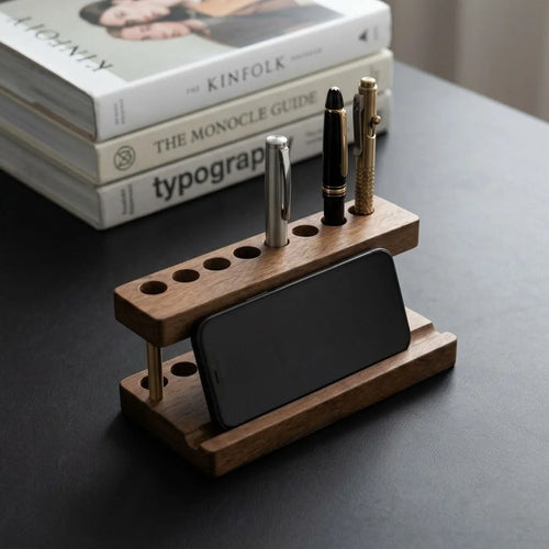 Walnut Phone & Pen Stand Organizer, a wooden phone stand for desk with a smartphone and pens