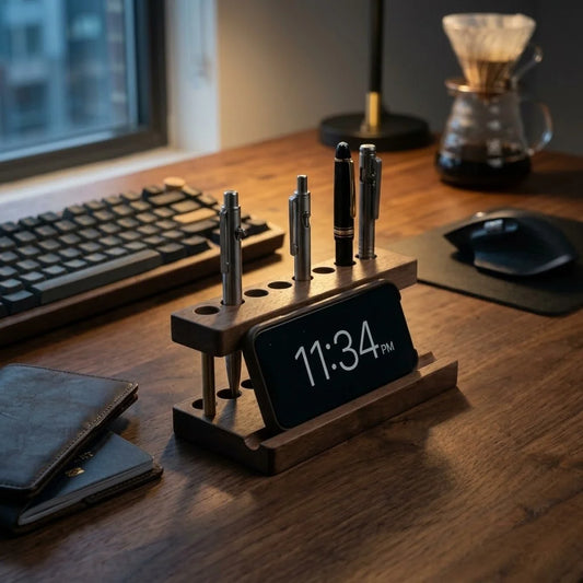 Walnut phone stand and pen organizer on a wooden desk workspace