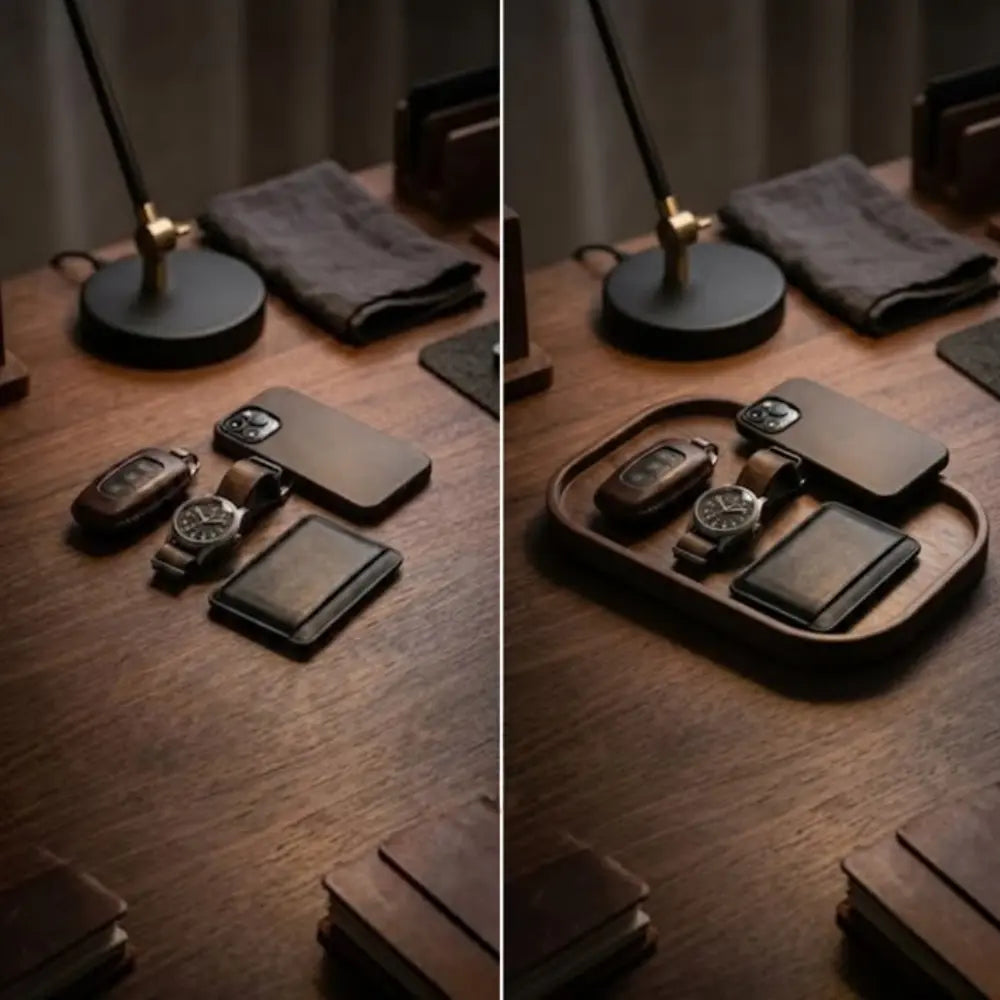 Before and after desk setup using a wooden walnut valet tray to organize phone wallet watch and keys