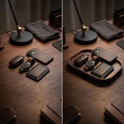 Before and after desk setup using a wooden walnut valet tray to organize phone wallet watch and keys