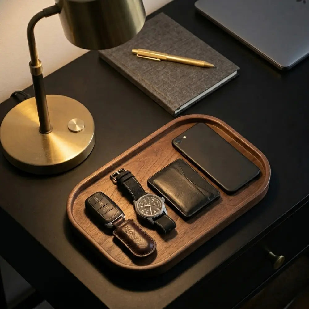 Solid walnut valet tray and nightstand organizer for men holding a smartphone, leather wallet, mechanical watch, and car keys on a dark desk