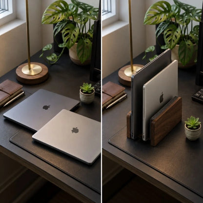 Before and after desk setup showing two laptops stored upright in a walnut vertical laptop stand
