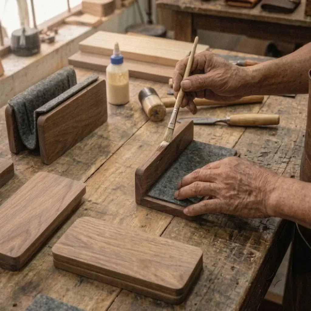 Craftsperson finishing a walnut vertical laptop stand in a workshop