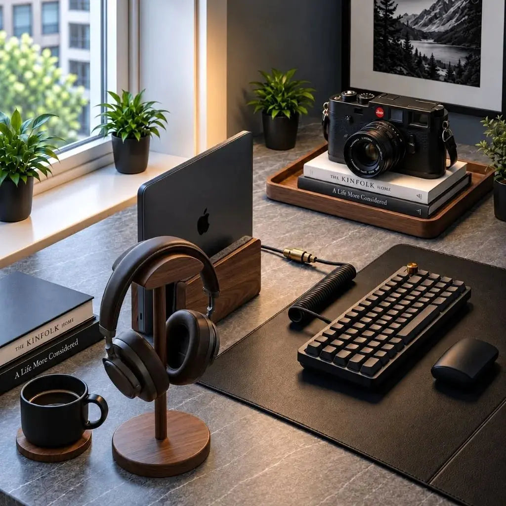 Walnut vertical laptop stand in a workspace with a walnut valet tray and headphone holder