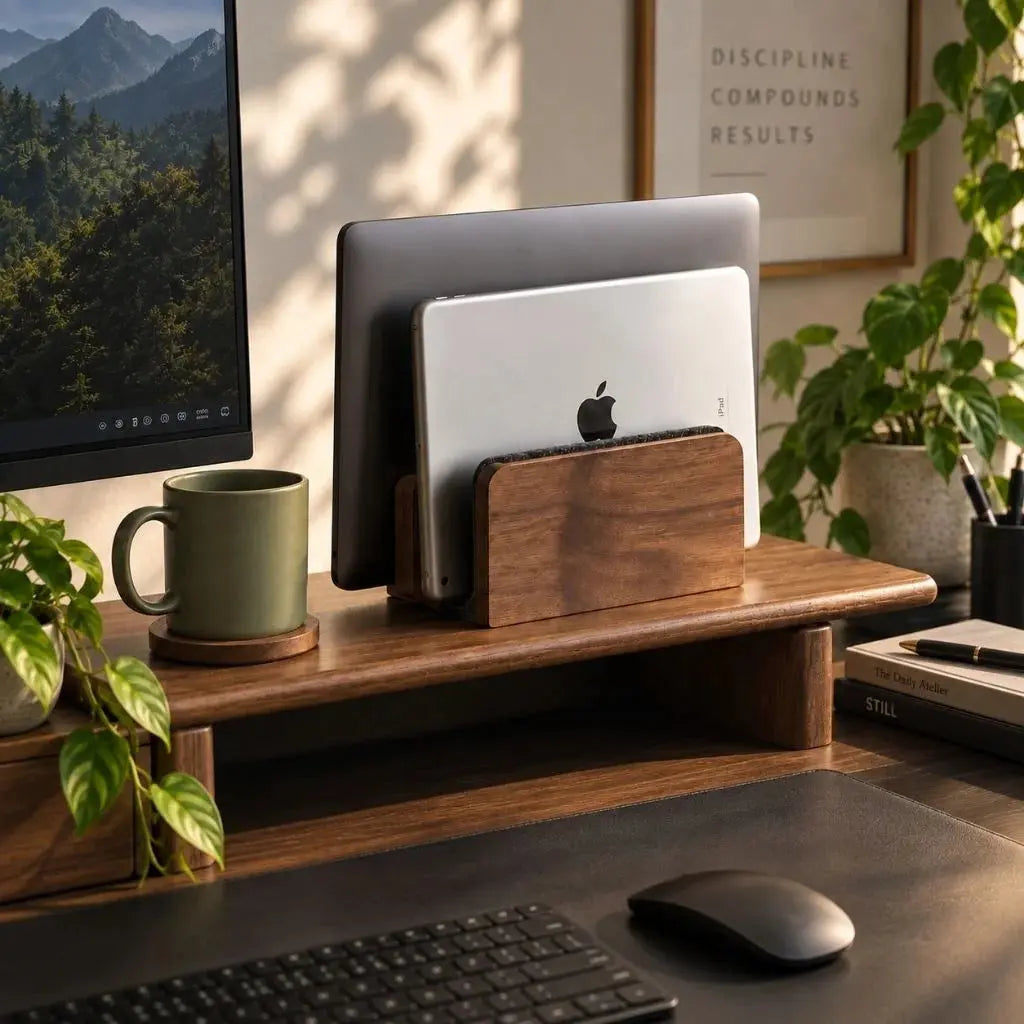 Double-slot walnut vertical laptop stand holding two laptops in a desk setup