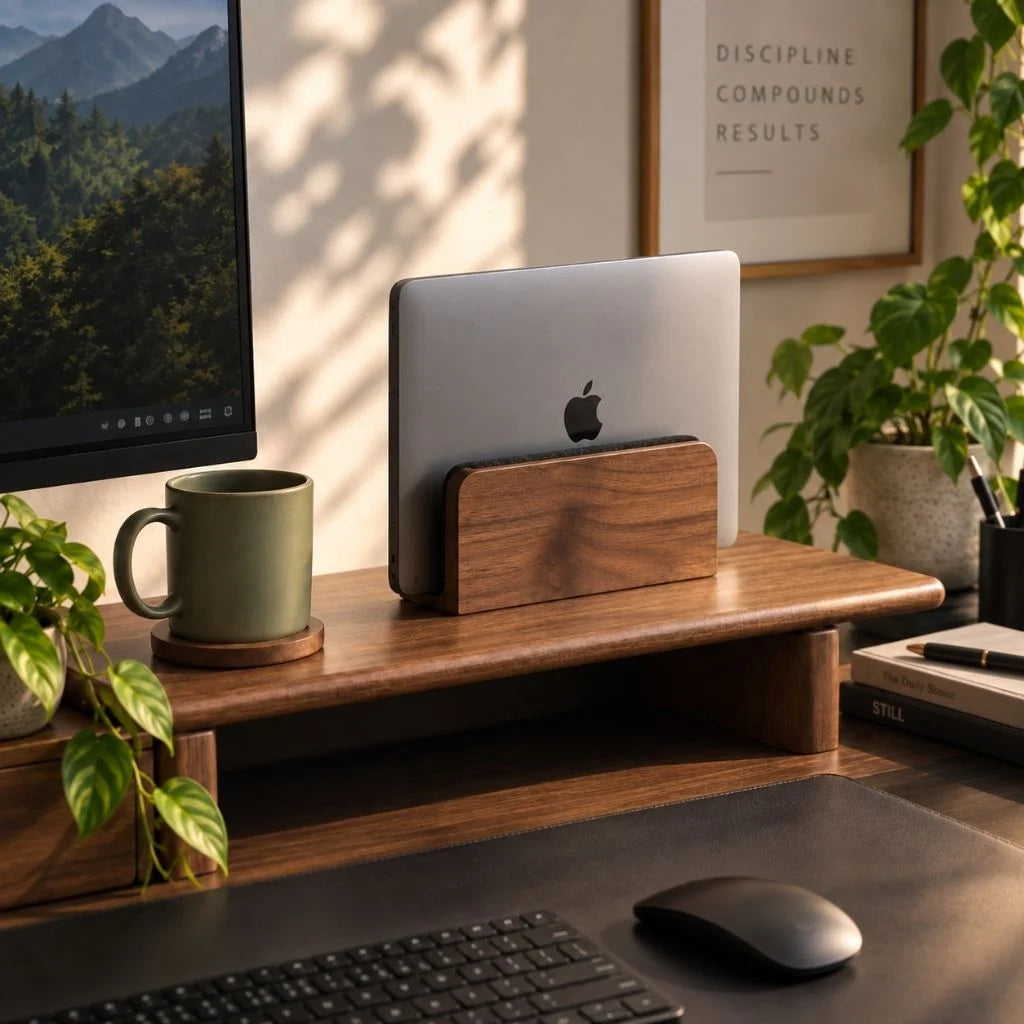 Single-slot walnut vertical laptop stand holding a MacBook in an external monitor desk setup