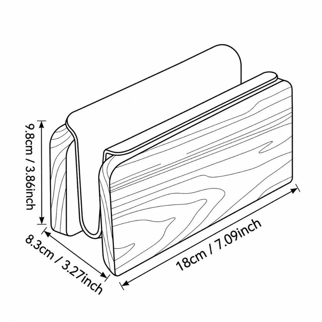 Single-slot walnut vertical laptop stand with dimensions of 18 × 8.3 × 9.8 cm