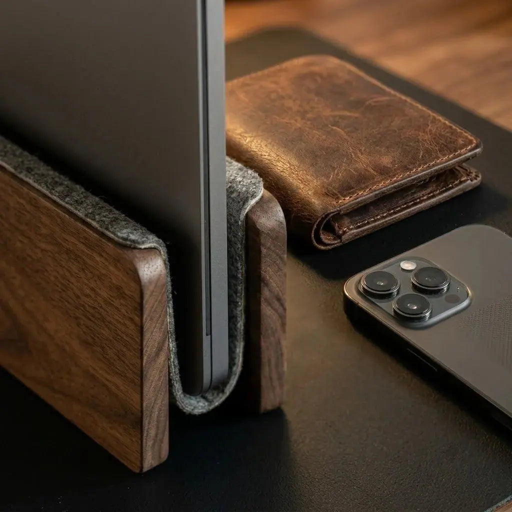 Close-up of natural walnut wood grain and felt-lined contact surface on a vertical laptop stand