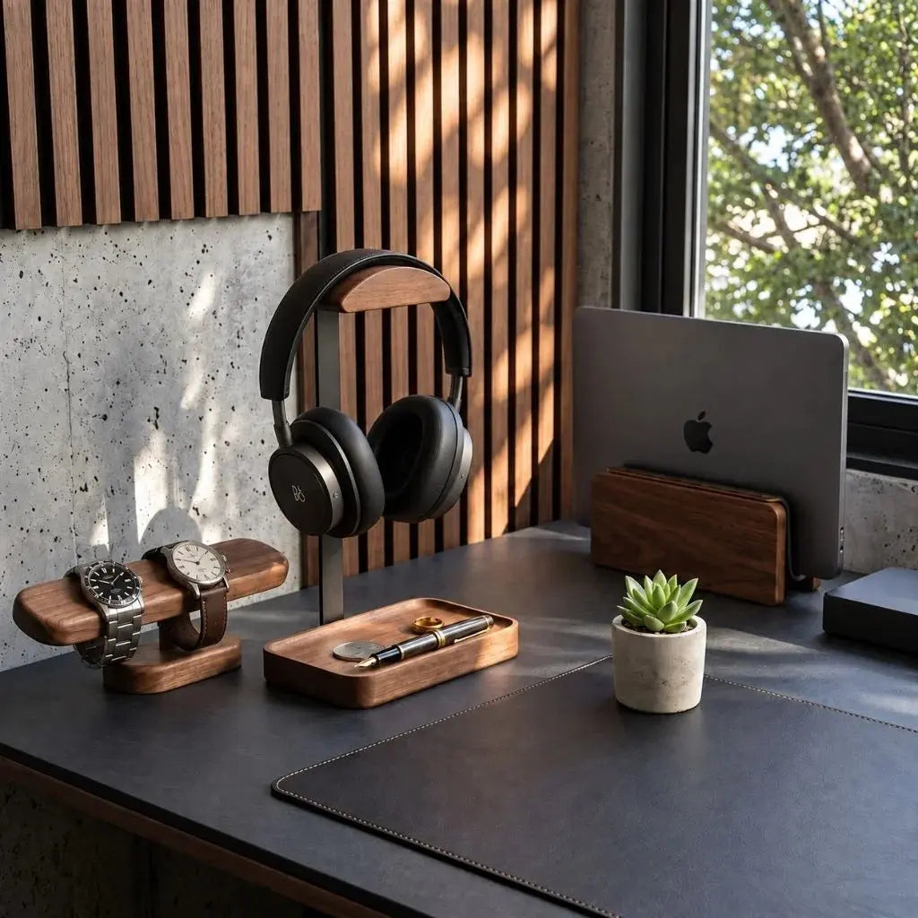 Walnut vertical laptop stand in a workspace with a headphone stand and walnut watch display stand