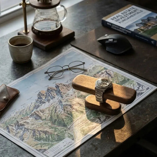 Walnut watch display stand holding an everyday watch on a workspace desk