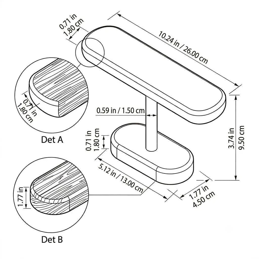 Walnut watch display stand technical drawing showing product dimensions
