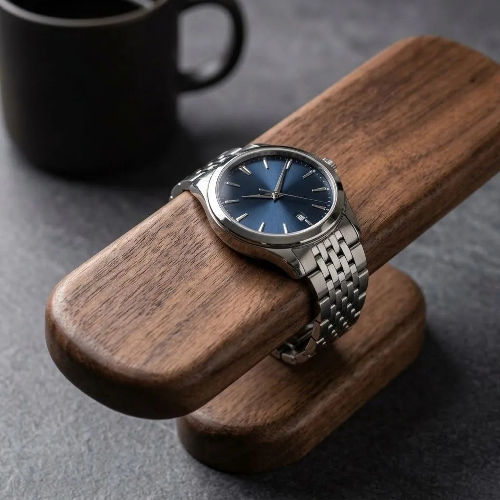 Close-up of natural walnut wood grain on a watch display stand