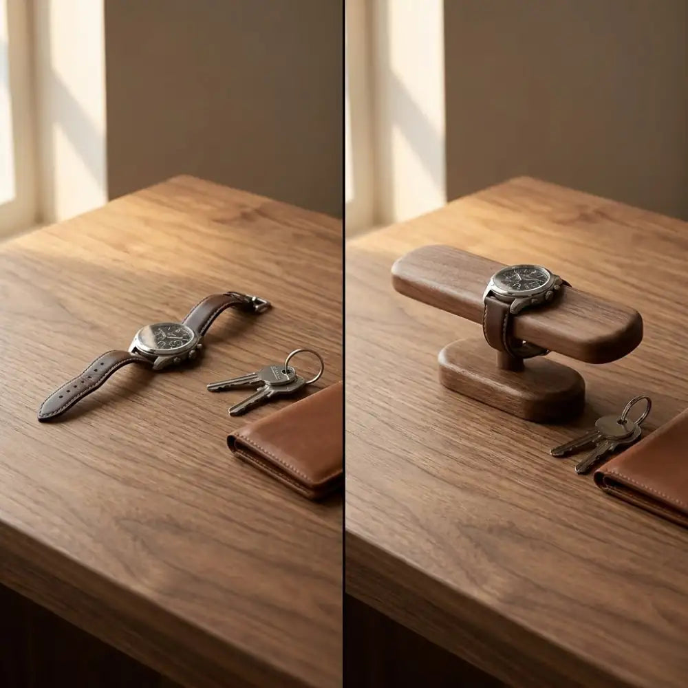 Before and after desk setup comparison showing an organized space with a walnut watch display stand