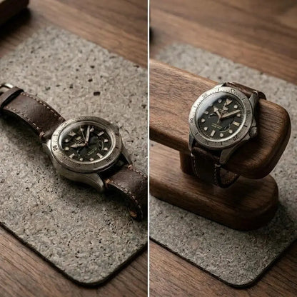 Before and after showing an everyday watch on a surface versus a walnut watch display stand