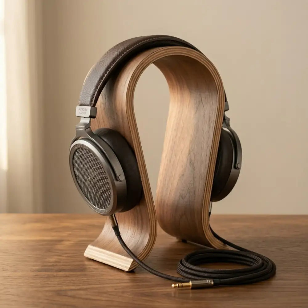 Wooden headphone stand holding over-ear headphones on a walnut desk surface