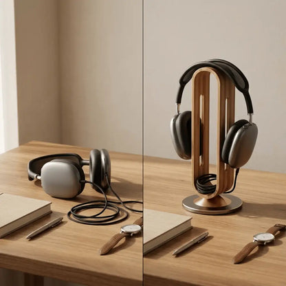 desk setup with everyday carry items and a wooden headphone stand