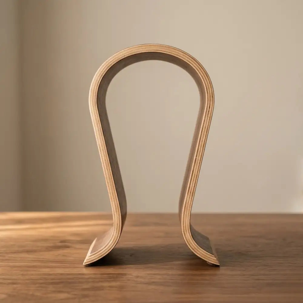 Minimal wooden headphone stand standing upright on a desk