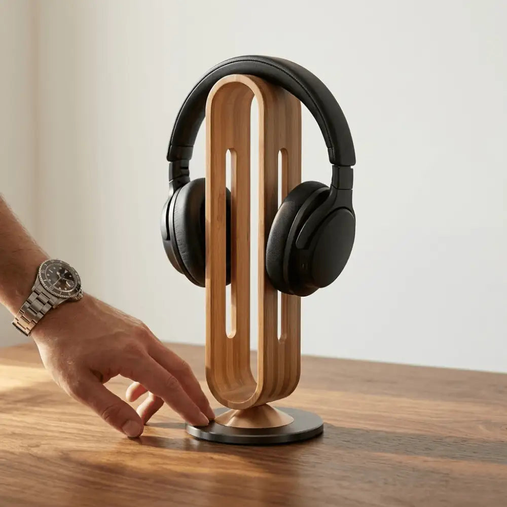 hand placing headphones onto wooden headphone stand
