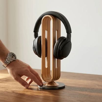 hand placing headphones onto wooden headphone stand