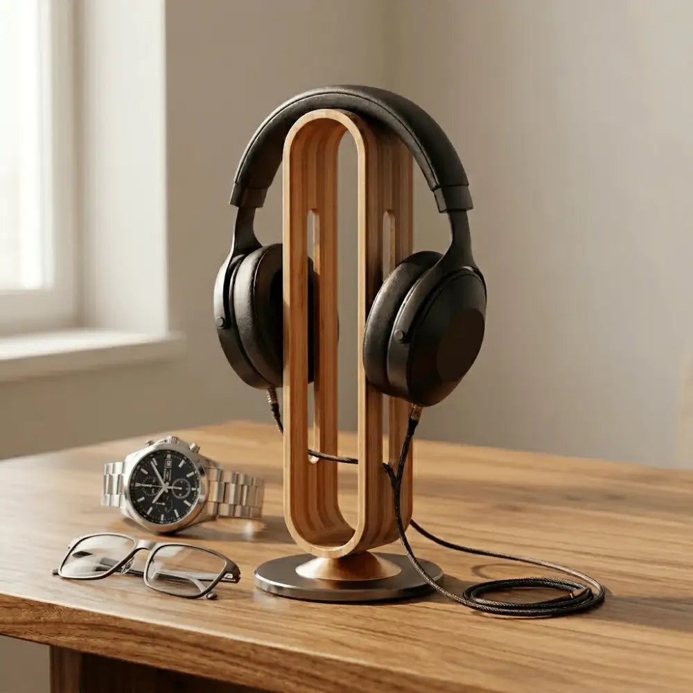 wooden headphone stand holding headphones in natural light