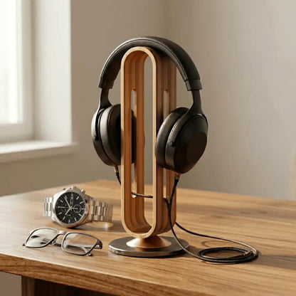 wooden headphone stand holding headphones in natural light