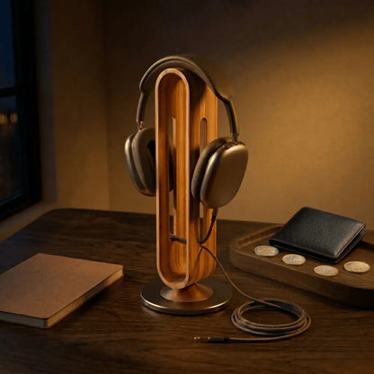 night desk setup with wooden headphone stand under warm lighting