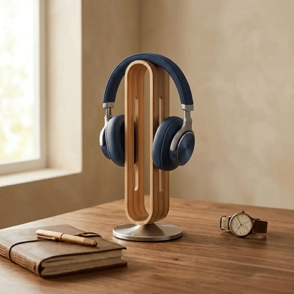 desk workspace with wooden headphone stand holding blue headphones