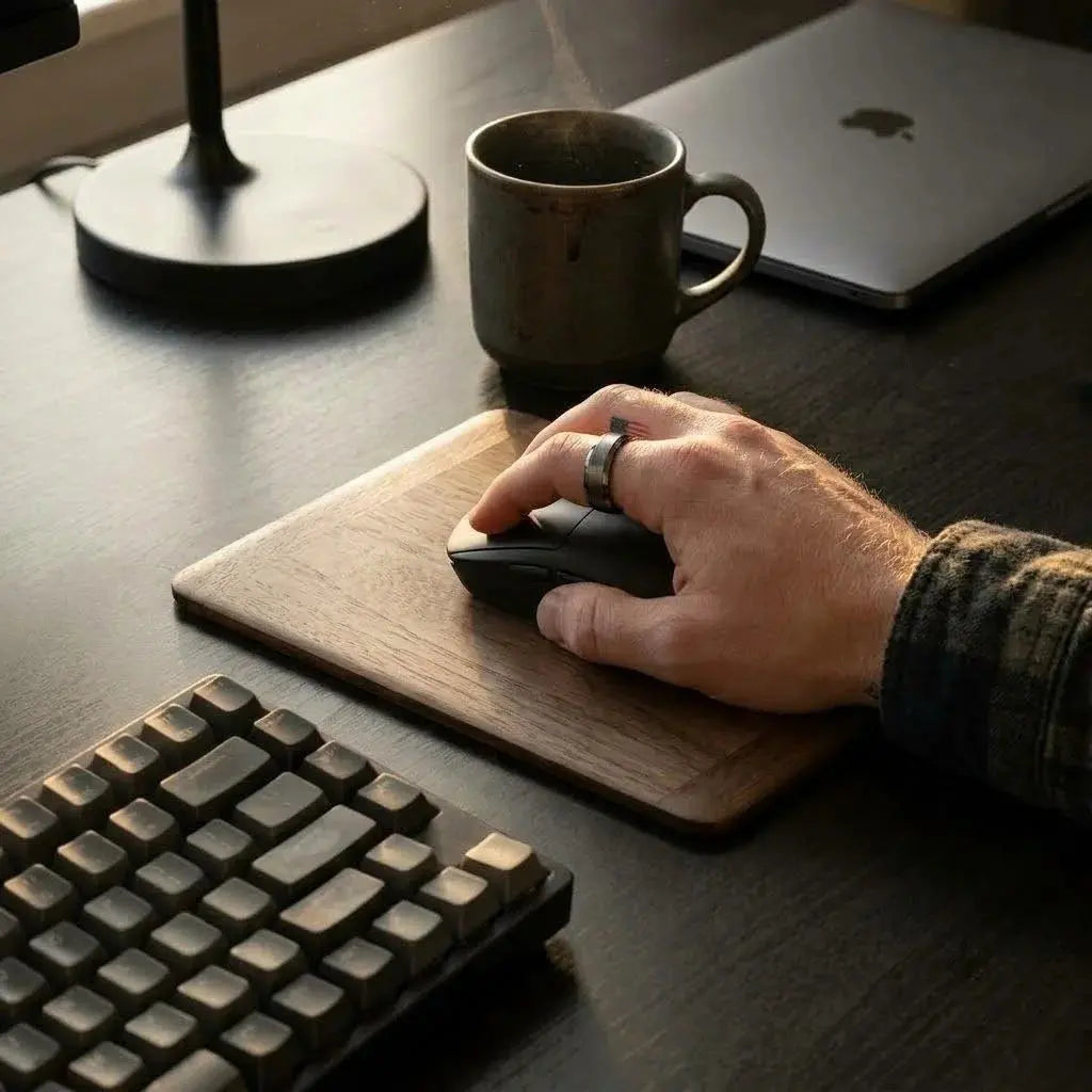 Hand using a mouse on a wooden mouse pad in a work desk environment